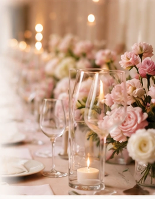 Elegante Hochzeitstafel mit Blumen und Kerzen