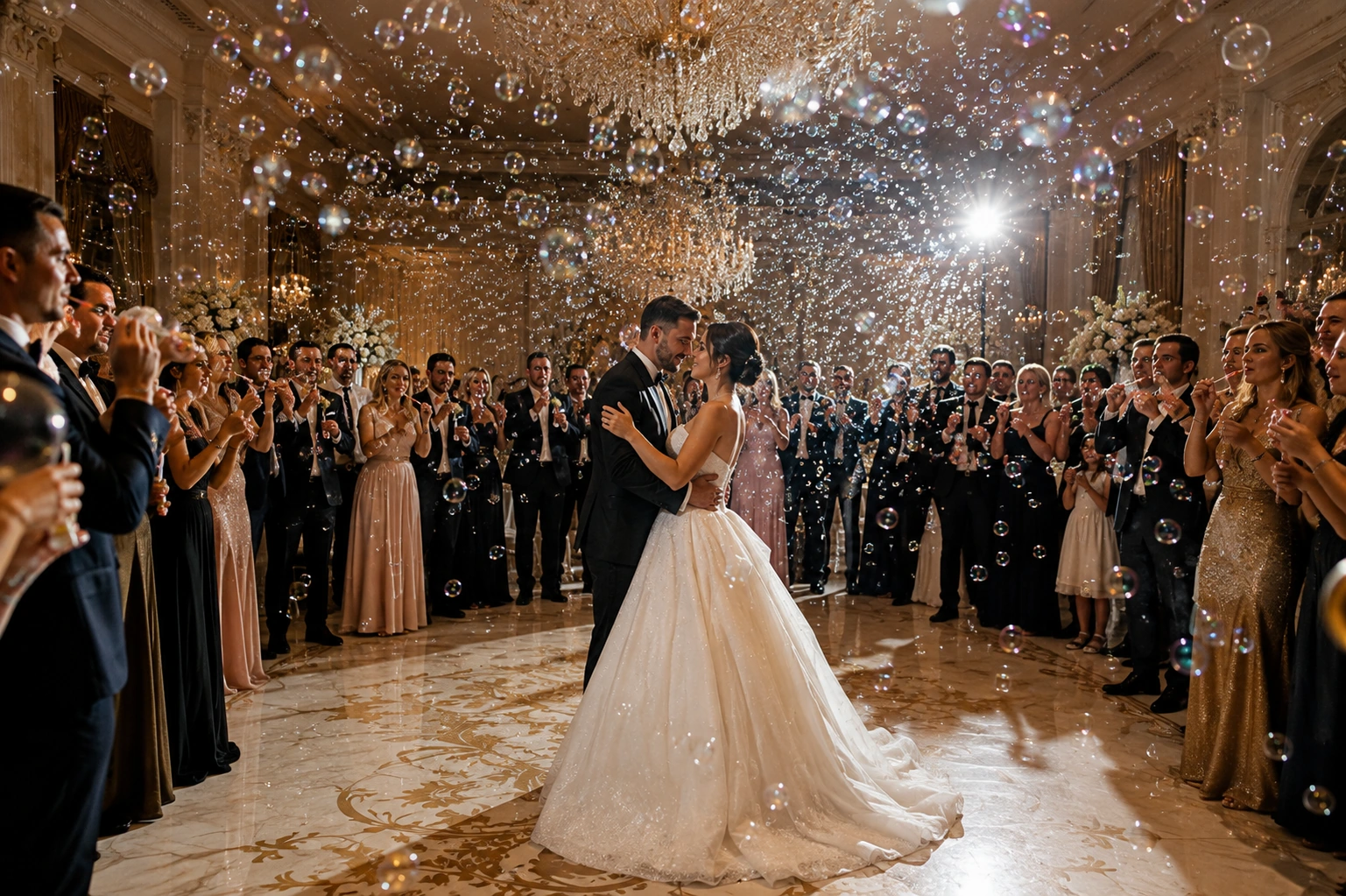 Brautpaar beim Hochzeitstanz mit Seifenblasen und Hochzeitsgästen