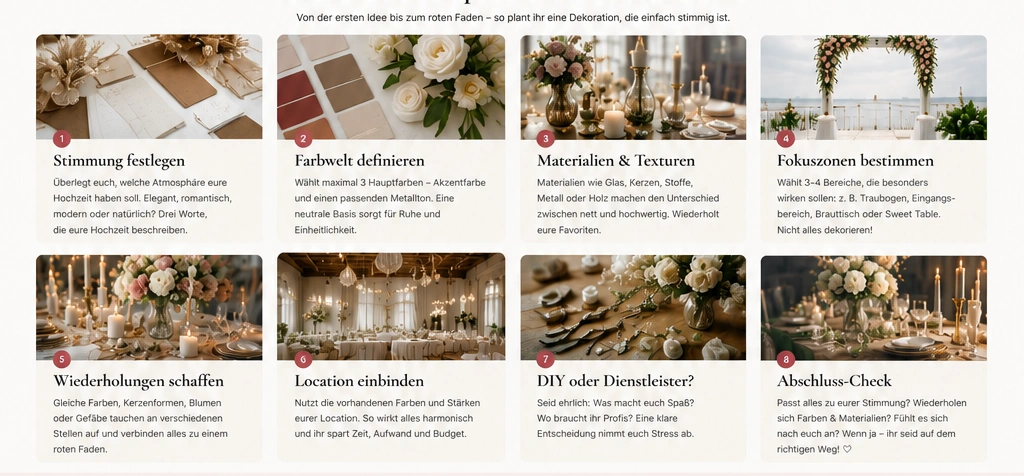Inspiration für Farbwelt, Materialien, Kerzen, Blumen und Fokuszonen einer Hochzeit