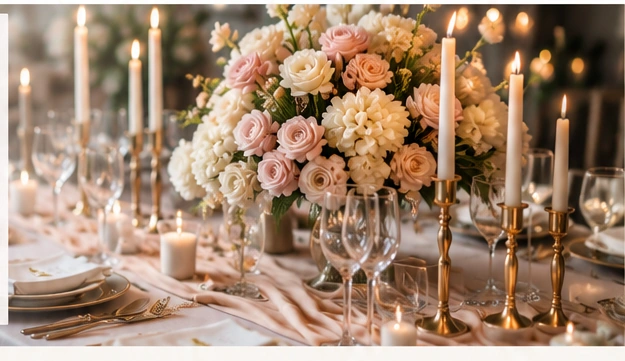 Elegante Hochzeitsdekoration mit Blumen, Kerzen und gedeckter Hochzeitstafel